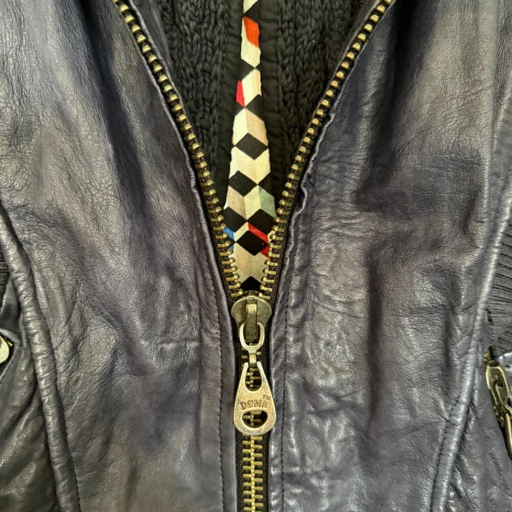 Dark Blue Doma Mixed Media Leather Jacket - Biker Style with removable hood - Picture 6 of 12